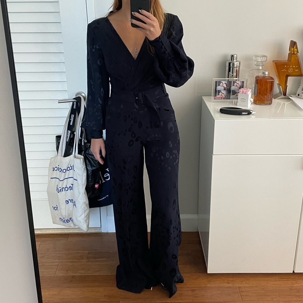 Alexis Navy Silk Leopard Print Flared Jumpsuit